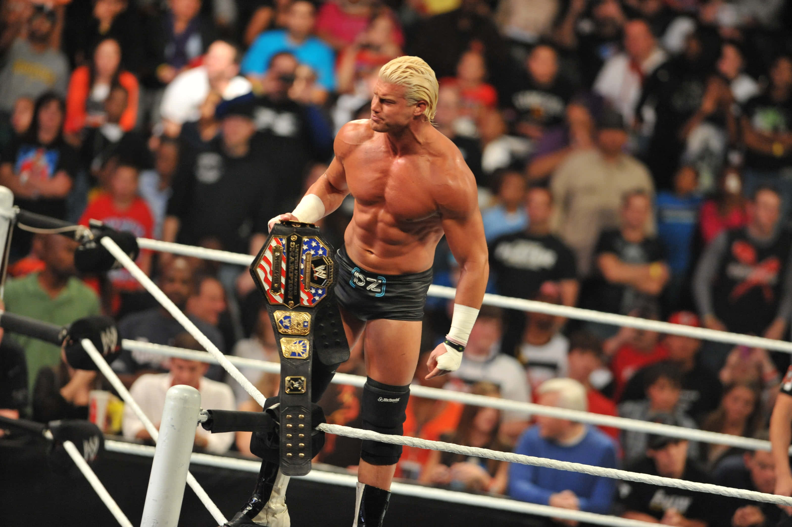 Dolph Ziggler動態造型人偶 壁紙 — 一位肌肉發達的金髮摔角手站在摔角場的角柱上，高舉冠軍腰帶，下方人群觀看。