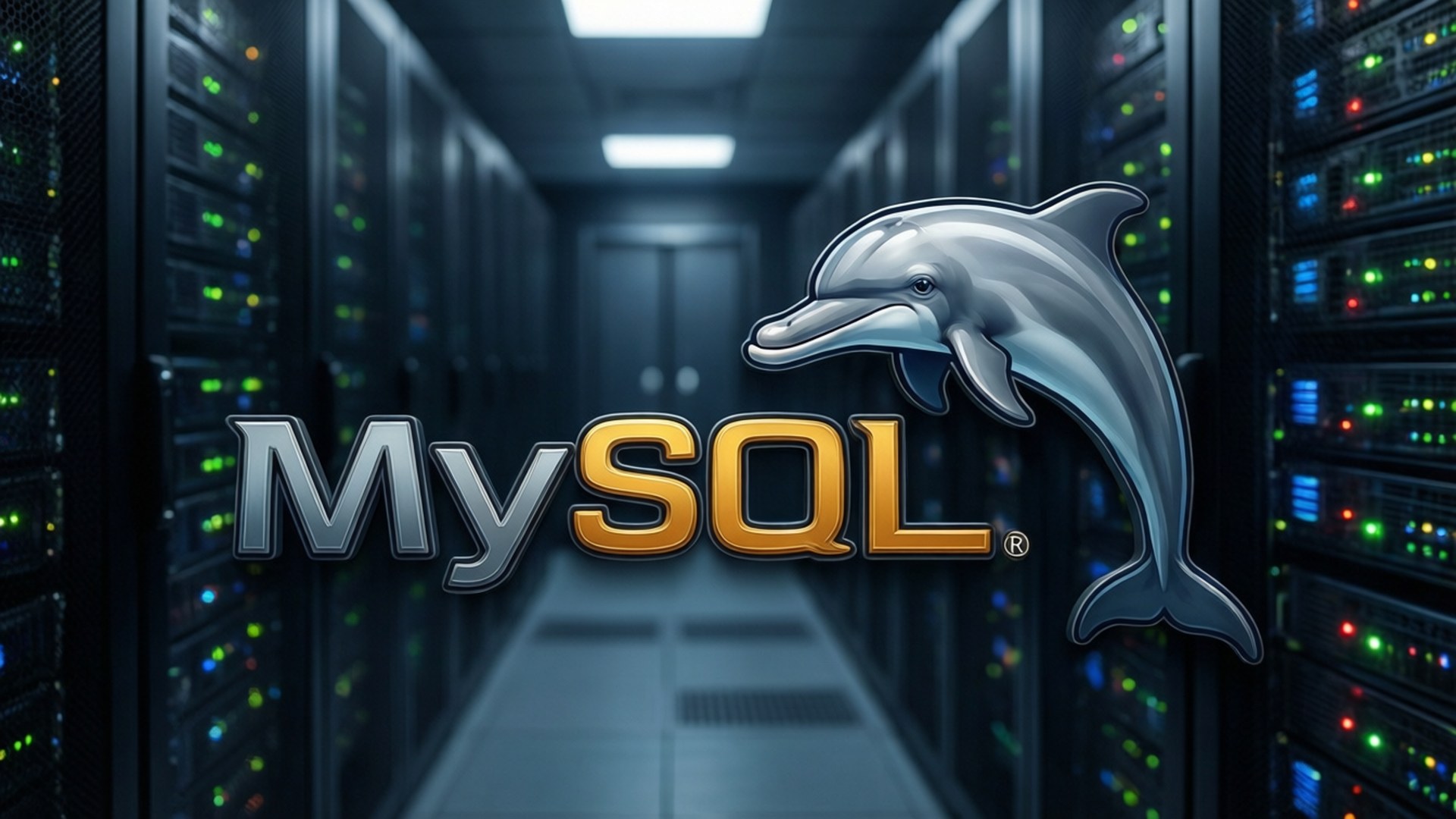 MySQL 標誌，海豚在發光伺服器機房中