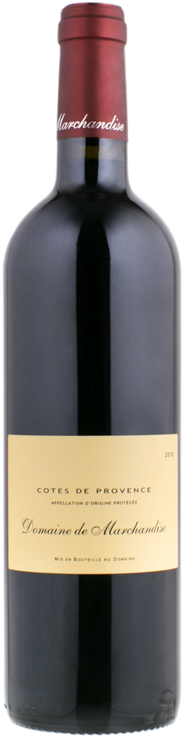 Domaine de Marchandise 2014年紅酒瓶 壁紙 — 一個時尚的深色酒瓶，帶有金色標籤和紅色箔帽，孤立地站在白色背景上。
