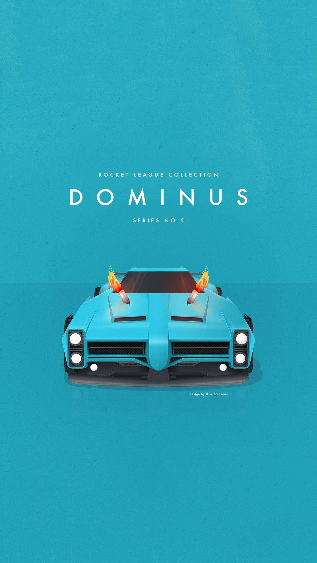 天空藍 Dominus 賽車火箭聯賽 iPhone 壁紙 — 一輛極簡藍色跑車，帶有火焰排氣管，居中於純青色背景上，配有白色文字。