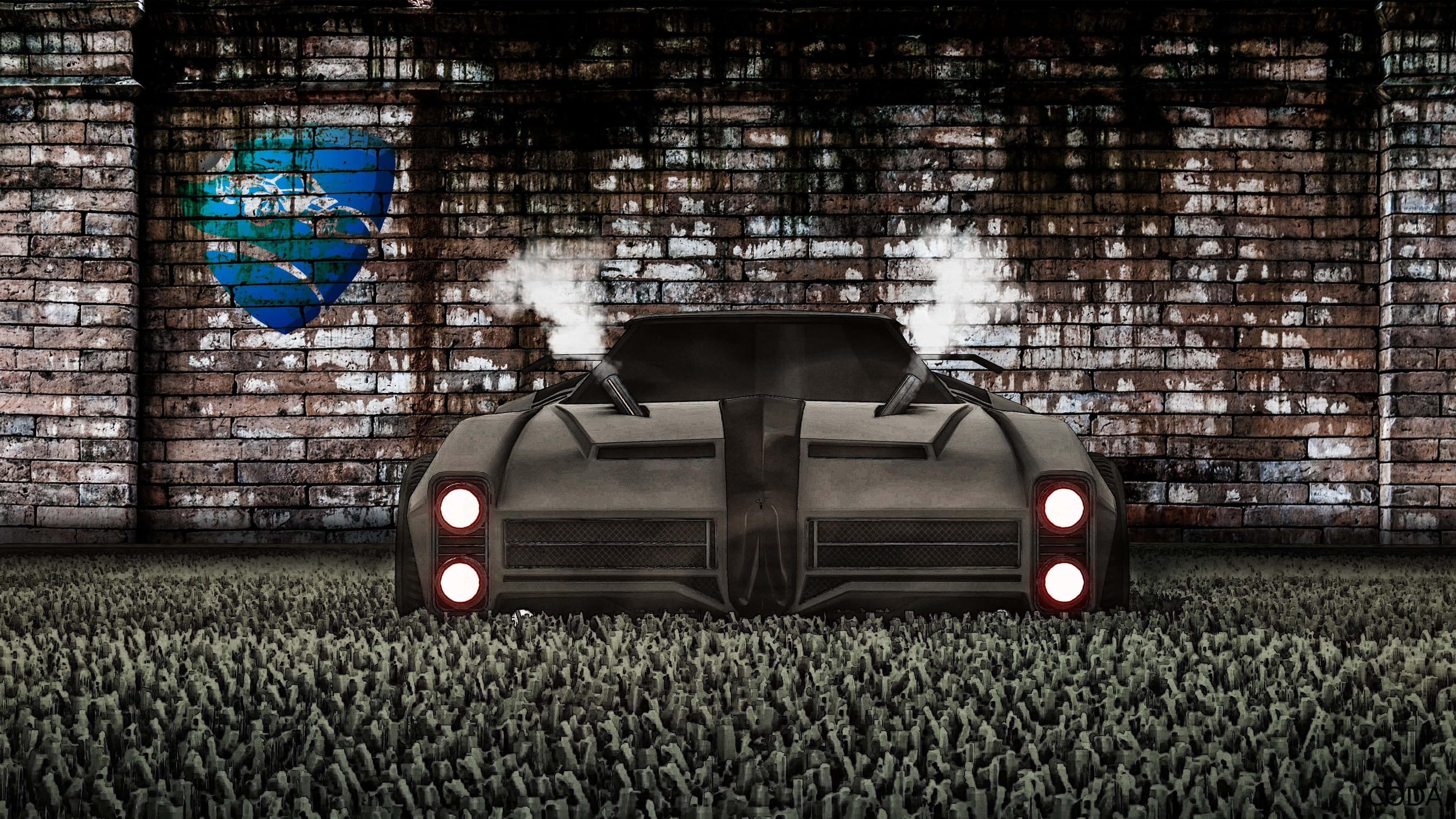 Dominus 後視 Rocket League 4K 壁紙 — 一架時尚黑色蝙蝠車帶有發光紅色尾燈，停放在粗糙磚牆車庫中，牆上有藍色蝙蝠標誌。
