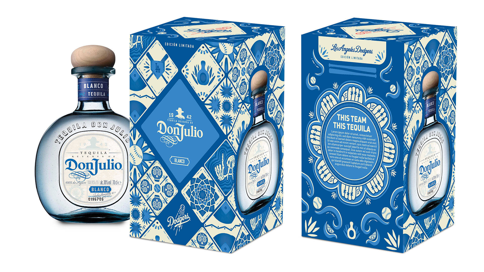 Don Julio Blanco龍舌蘭酒瓶與道奇隊主題盒子。