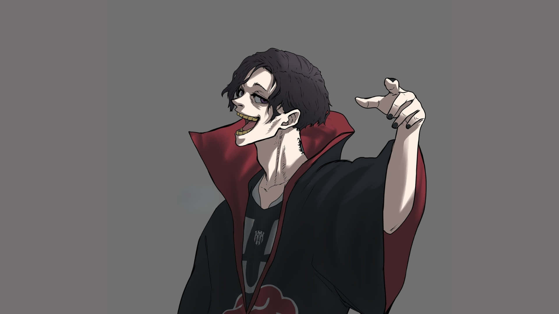 Don Lorenzo 黑色氣場 壁紙 — 一個深色頭髮、身穿紅色斗篷的動漫角色，在純灰色背景前狂笑著向前指。