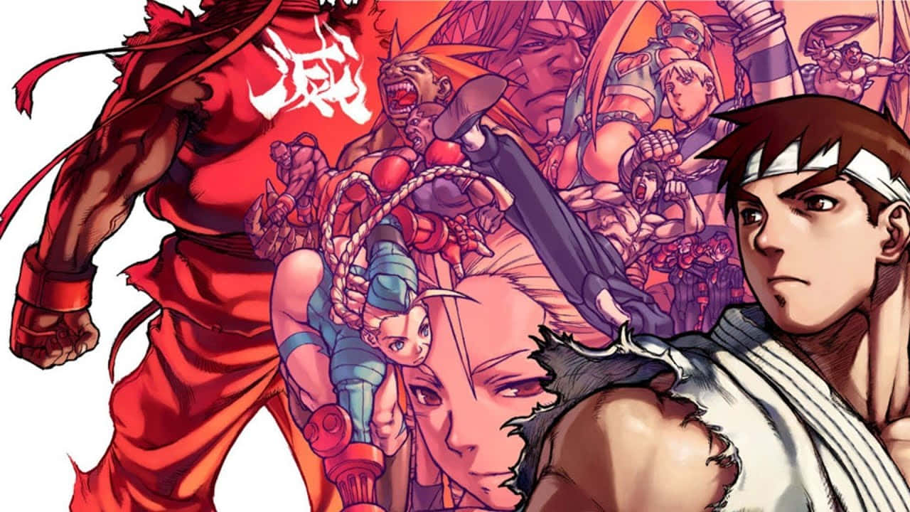  壁紙 — 一幅動感十足的動漫風格拼貼畫，描繪格鬥遊戲角色以強烈的戰鬥姿勢呈現，並採用大膽的紅色和紫色。
