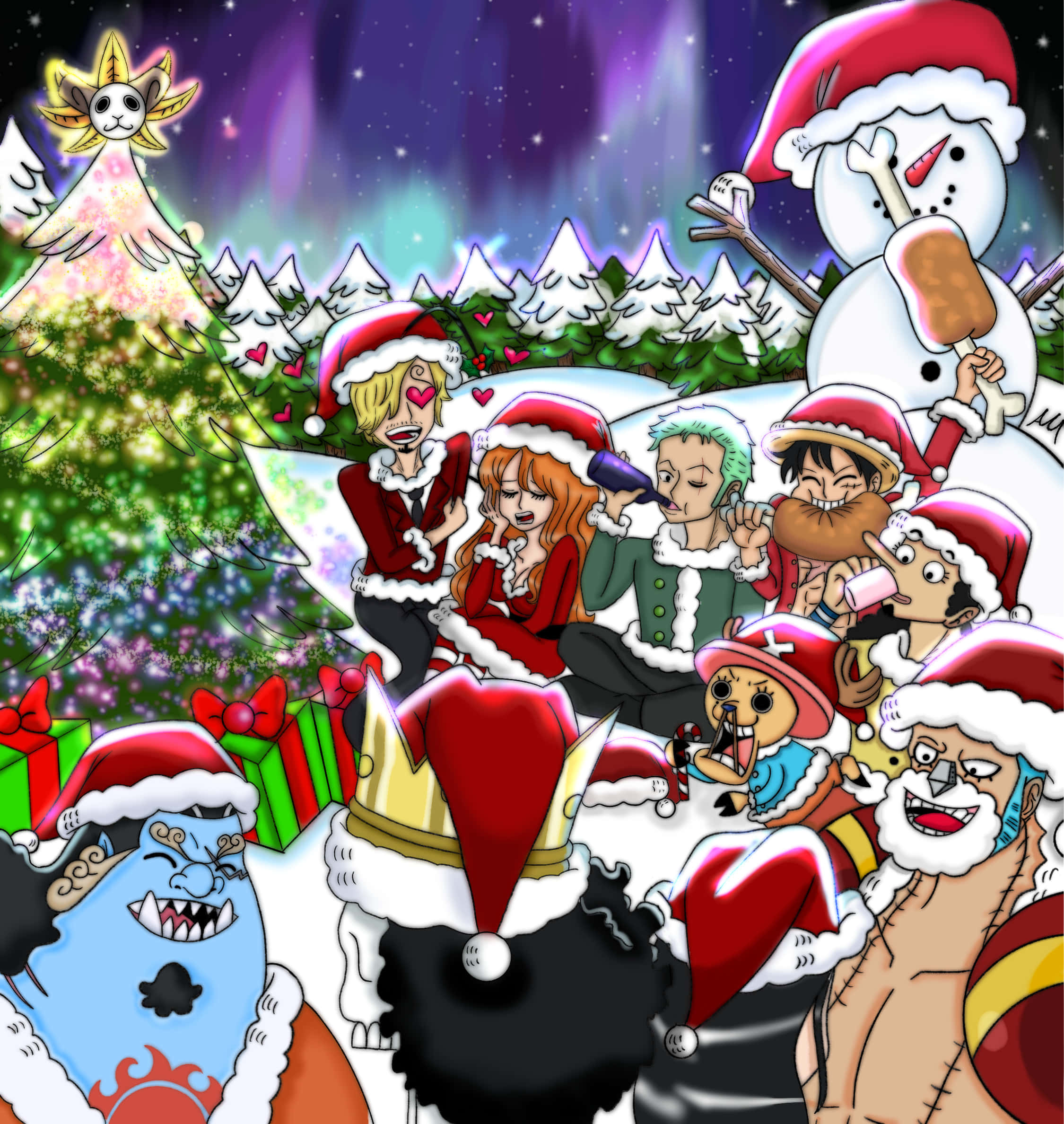 One Piece Christmas 桌布 壁紙 — 動畫角色戴著聖誕帽，在星光極光天空下，歡樂地聚集在閃耀的聖誕樹周圍。