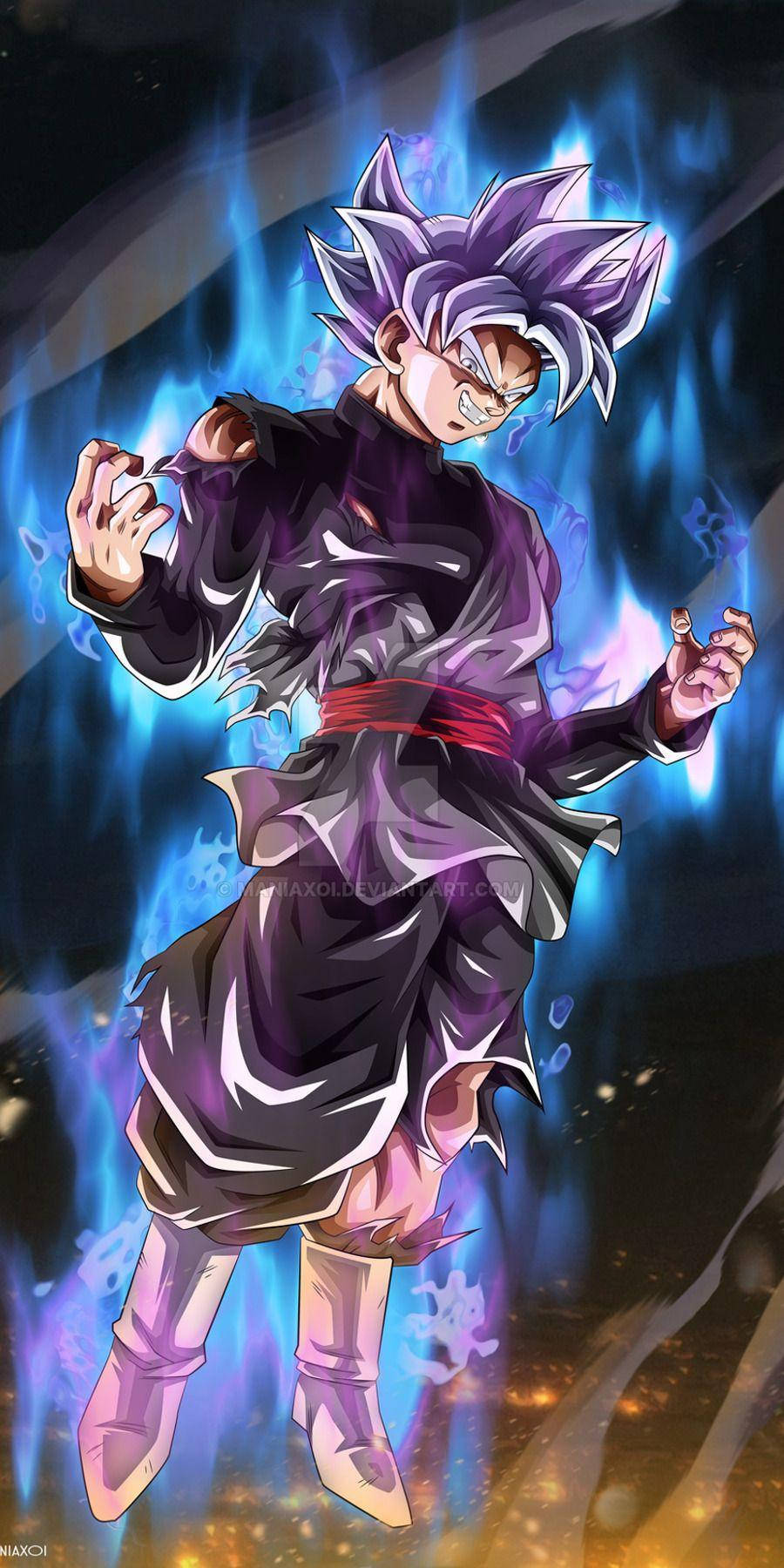 動畫戰士悟空黑身穿黑色道服配紅色腰帶，被藍色能量包圍。