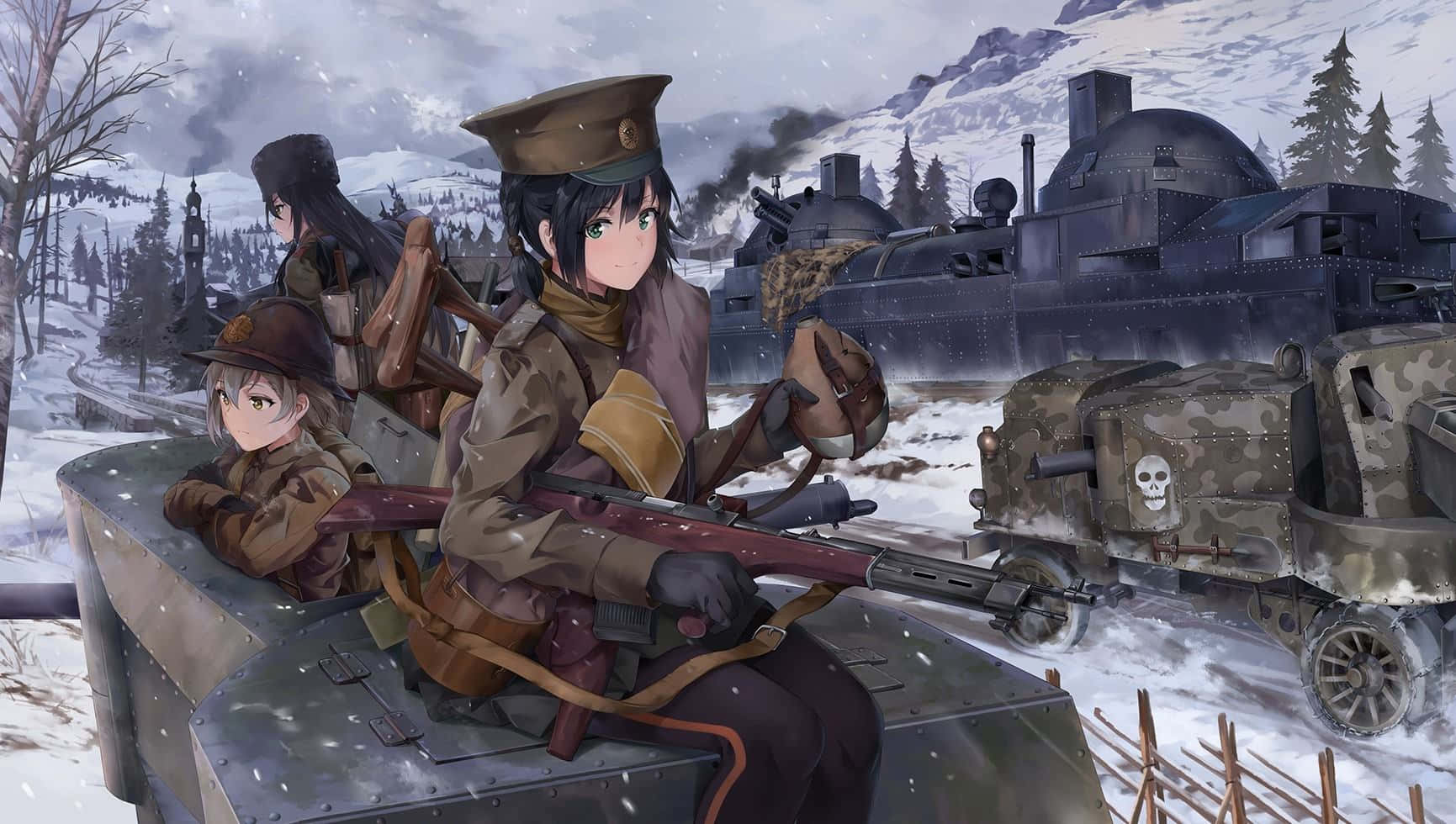  壁紙 — 動畫女孩穿著冬季軍服，在雪地戰場上騎乘坦克，周圍有其他裝甲車輛和松樹。