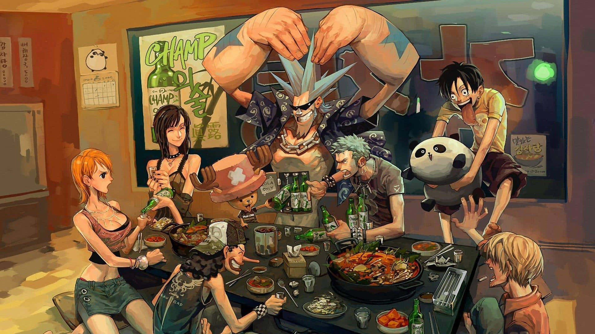  壁紙 — 動畫團隊在熱鬧的韓國餐廳裡用食物和飲料慶祝，頭頂上有巨大的手。