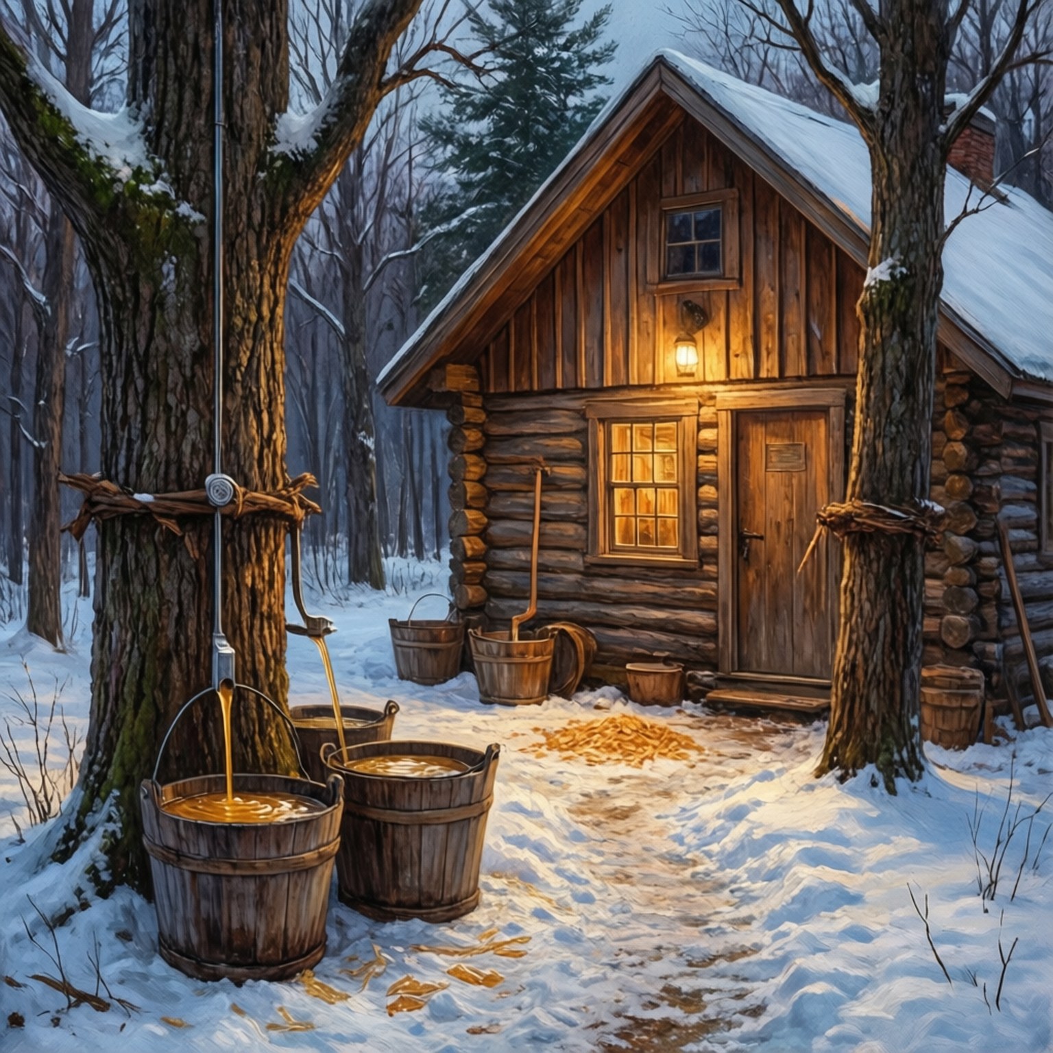 阿卡迪亞糖棚 壁紙 — 冬季被雪覆蓋的舒適木屋，窗戶透出溫暖燈光，楓糖漿滴入外面的木桶中。