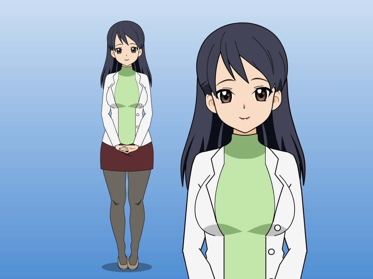 Namie Yagiri 桌布 壁紙 — 動漫風格的女科學家，身穿白色實驗室外套和綠色高領毛衣，站在柔和的藍色漸變背景前。