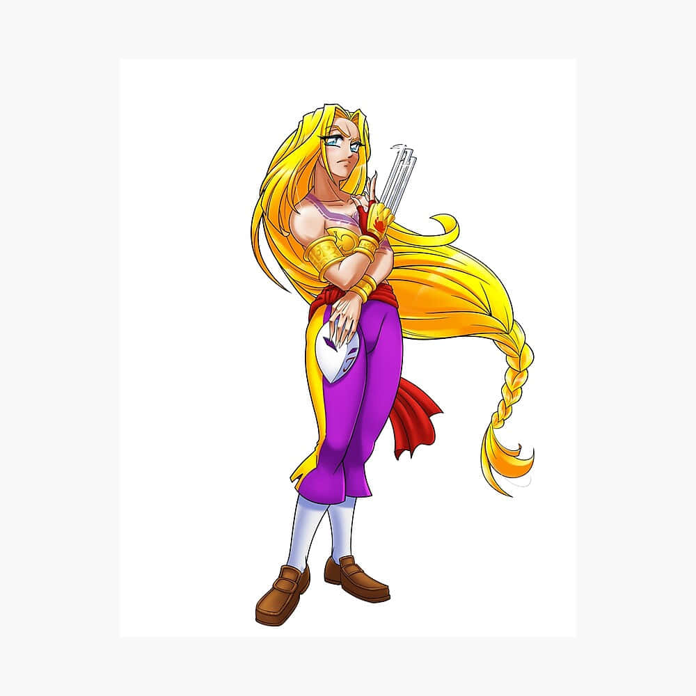  壁紙 — 一位充滿活力的動漫風格女戰士，長長的金色秀髮飄逸，在純白背景前揮舞著利爪和麵具。