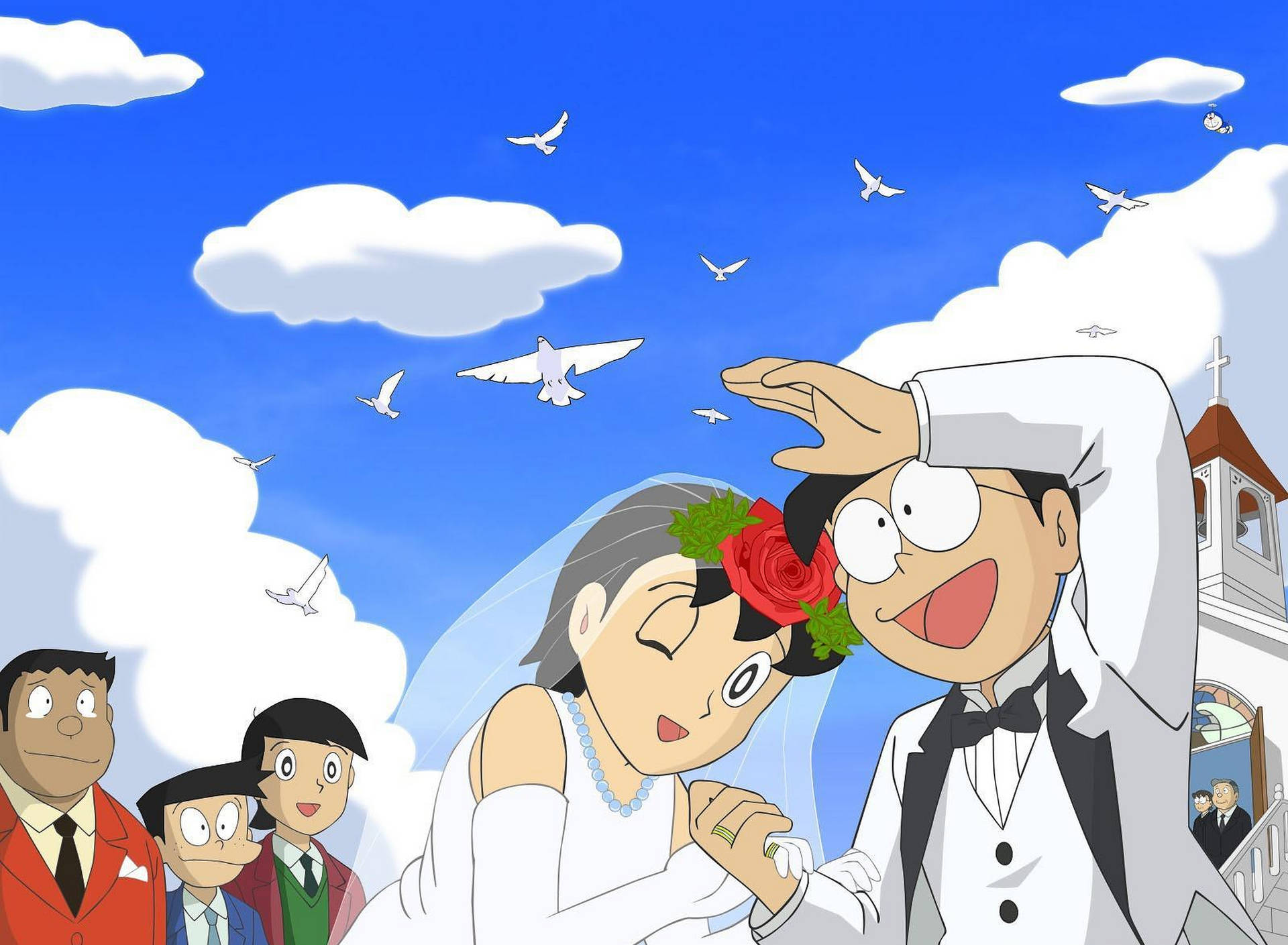 動漫情侶結婚，白鴿在天空飛翔。