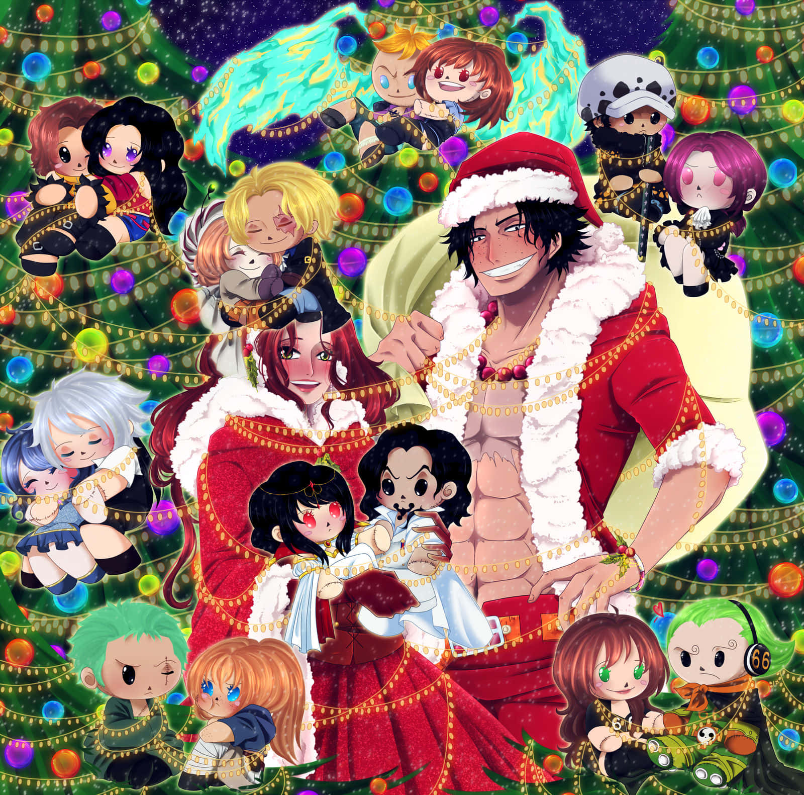 One Piece Christmas 桌布 壁紙 — 動漫角色穿著節日聖誕老人服裝，歡樂地聚集在閃閃發光的聖誕樹周圍，樹上裝飾著五彩繽紛的燈飾和飾品。