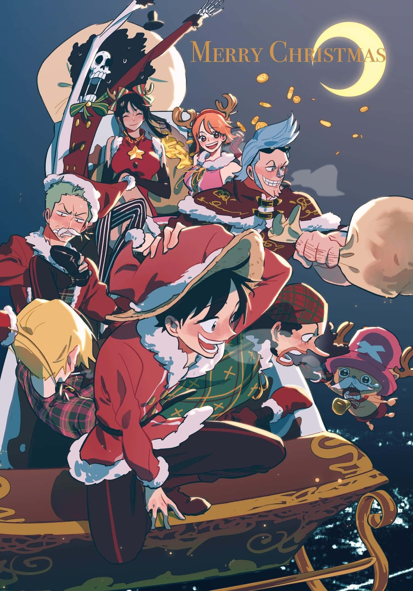 One Piece Christmas 桌布 壁紙 — 動漫角色穿著節日聖誕老人服裝，在彎月下滑雪橇，金幣掉落，並有「Merry Christmas」字樣。