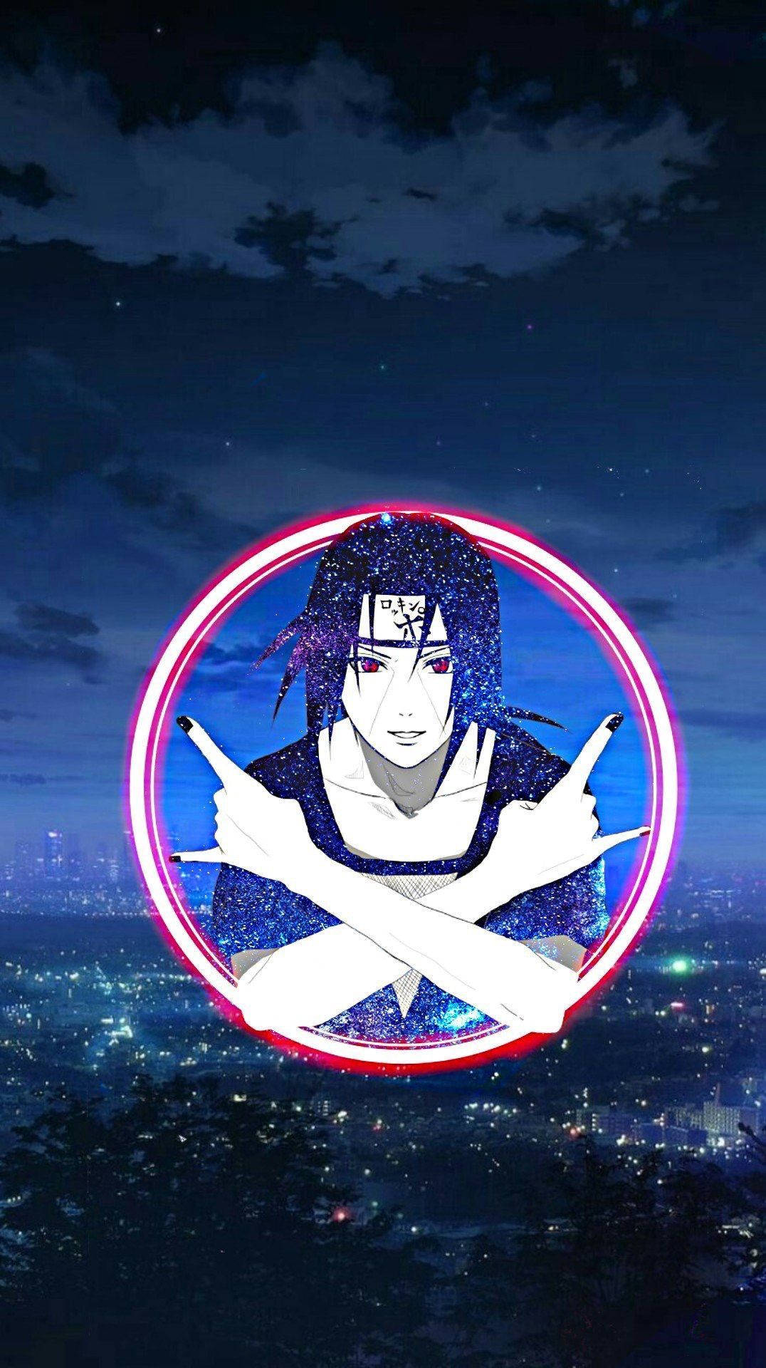 夜晚城市上空發光戒指中的動漫角色