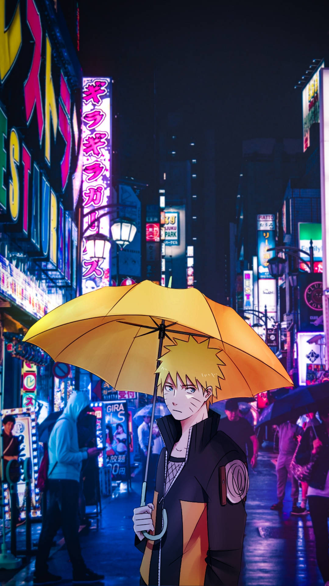 鳴人在霓虹燈照亮的下雨東京街道上拿著黃色雨傘。