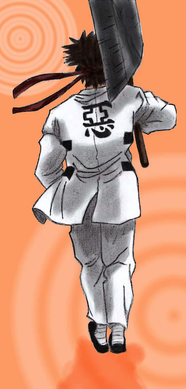  壁紙 — 一個刺蝟頭髮的動漫角色，身穿白色道服，背後有漢字，手持大刀，在橙色螺旋背景中走遠。