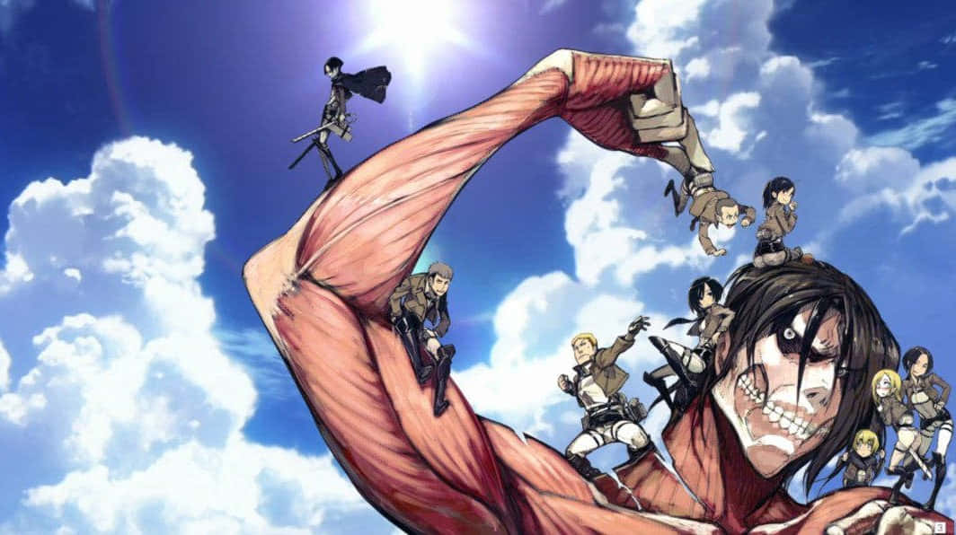 Aesthetic Attack On Titan 桌布 壁紙 — 動漫角色在藍天白雲下攀爬巨人的巨大手臂。