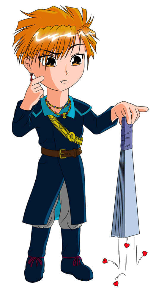 Fushigi Yuugi Tasuki 桌布 壁紙 — 動漫男孩，橙色尖刺頭髮，手持劍，若有所思地指著，周圍漂浮著愛心。