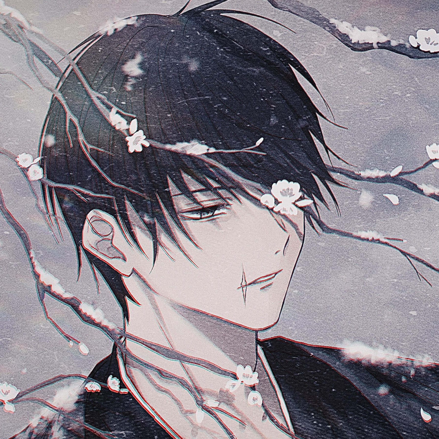  壁紙 — 動漫男孩，深色頭髮與櫻花交織，柔和單色調配紅色輪廓。