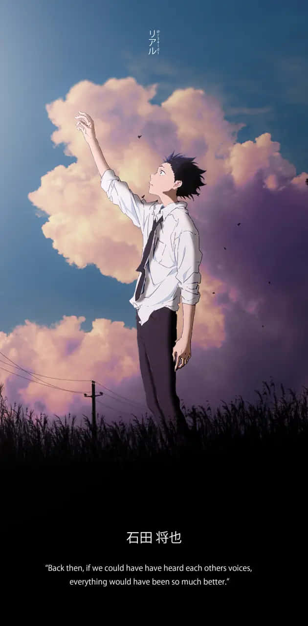  壁紙 — 一個穿著白襯衫的年輕動漫男孩，向著高草上方發光的粉紅色和紫色雲彩天空伸手。
