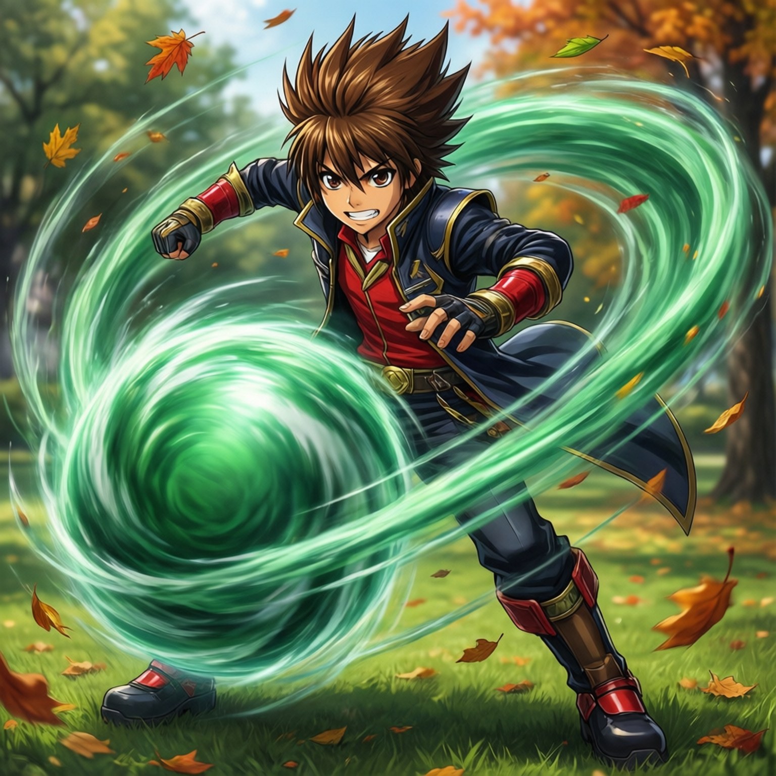 inazuma eleven 桌布 壁紙 — 一個頭髮豎起的動漫男孩，穿著紅藍色服裝，在長滿草的秋日森林中引導旋轉的綠色能量漩渦。
