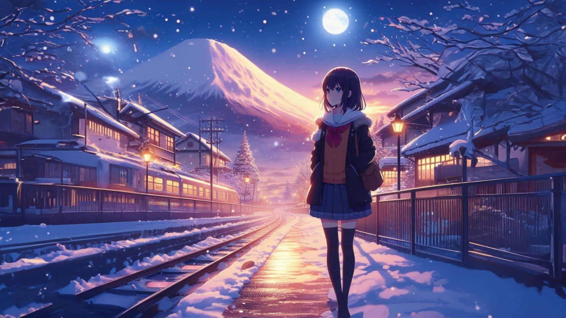  壁紙 — 一個孤獨的動漫女孩在黃昏時站在白雪覆蓋的火車月台上，富士山在滿月下閃耀。