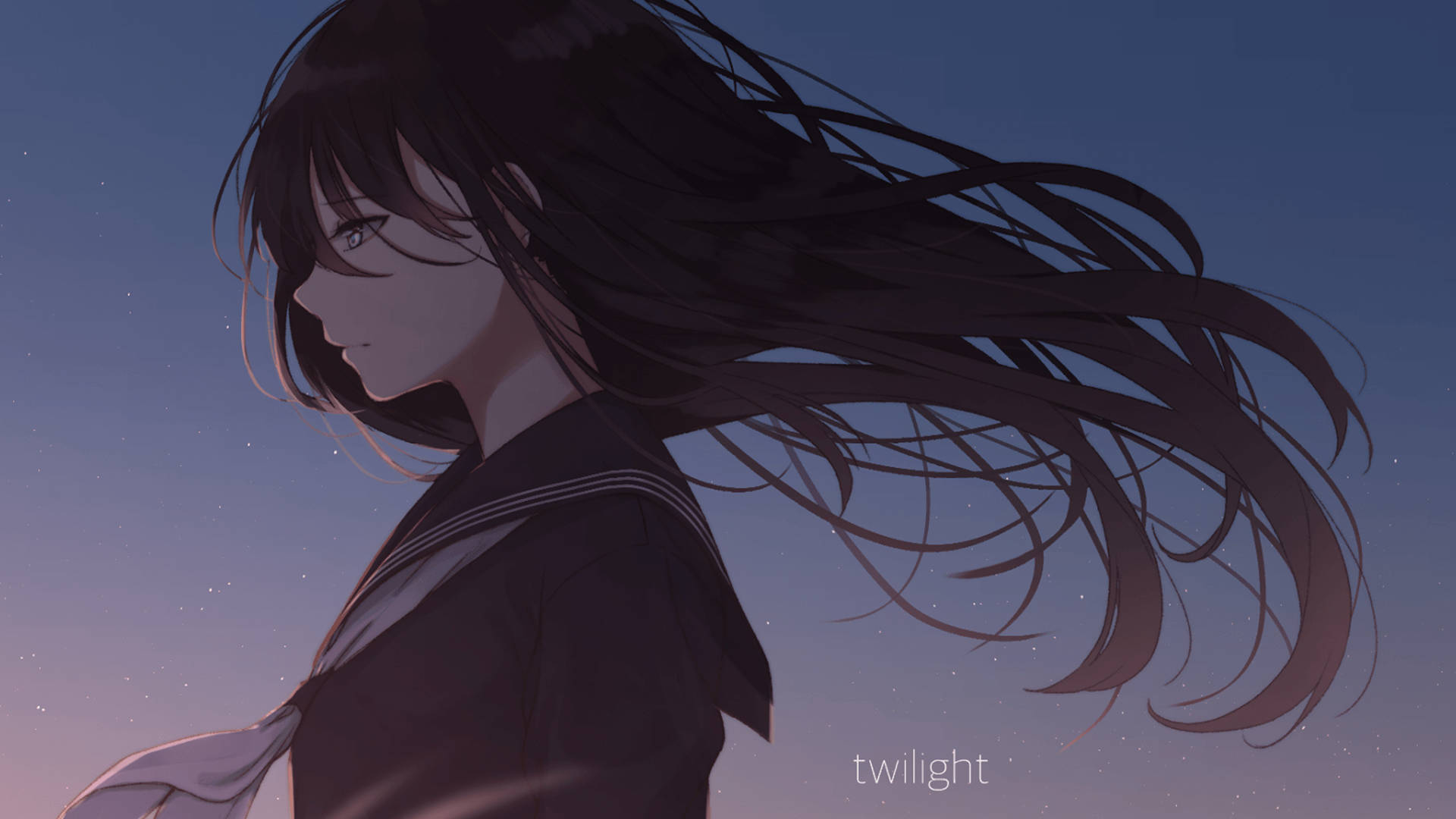 動漫女孩穿水手服仰望暮色天空，頭髮飄揚，星星閃爍 — 可憐動漫 壁紙
