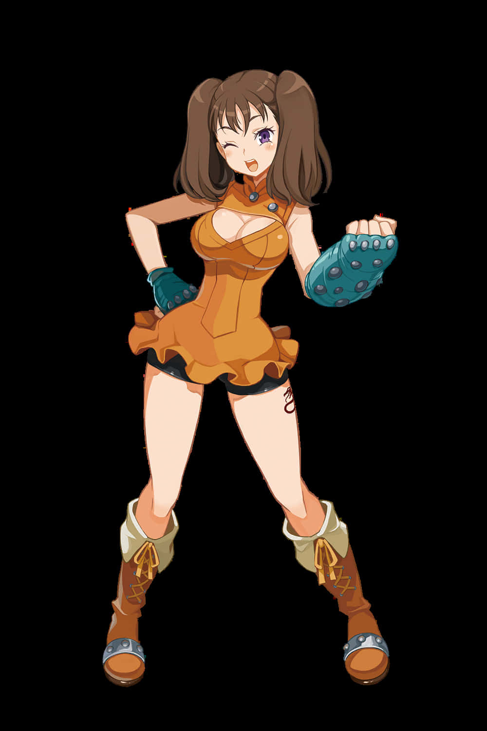 Seven Deadly Sins Diane 桌布 壁紙 — 動漫女孩穿著橙色服裝和藍色手套，在黑色背景前擺出俏皮的姿勢。
