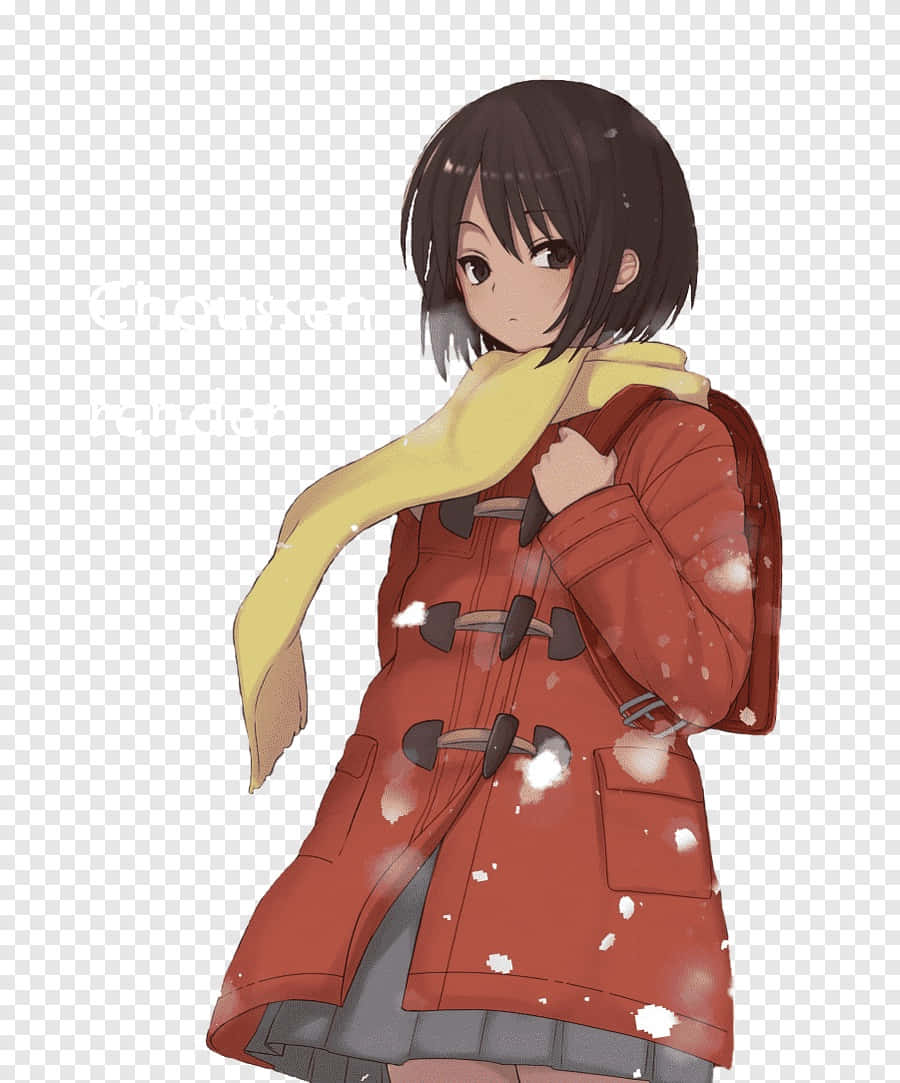 Kayo Hinazuki 桌布 壁紙 — 動漫女孩穿著紅色外套和黃色圍巾，站在飄落的雪中，帶著柔和冬日光芒。