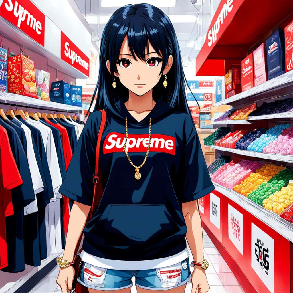  壁紙 — 動漫女孩穿著Supreme連帽衫，站在光線明亮的商店走道中，周圍是色彩繽紛的商品和服裝架。