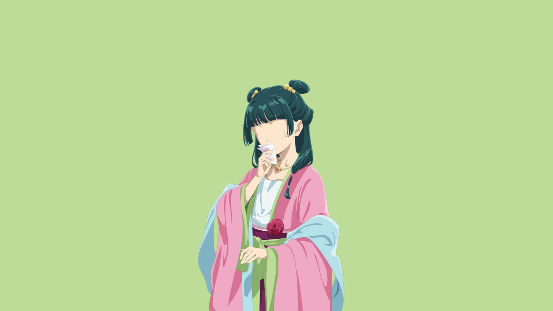  壁紙 — 動漫女孩穿著粉紅色傳統長袍，在柔和的綠色背景前將一朵花放在唇邊。