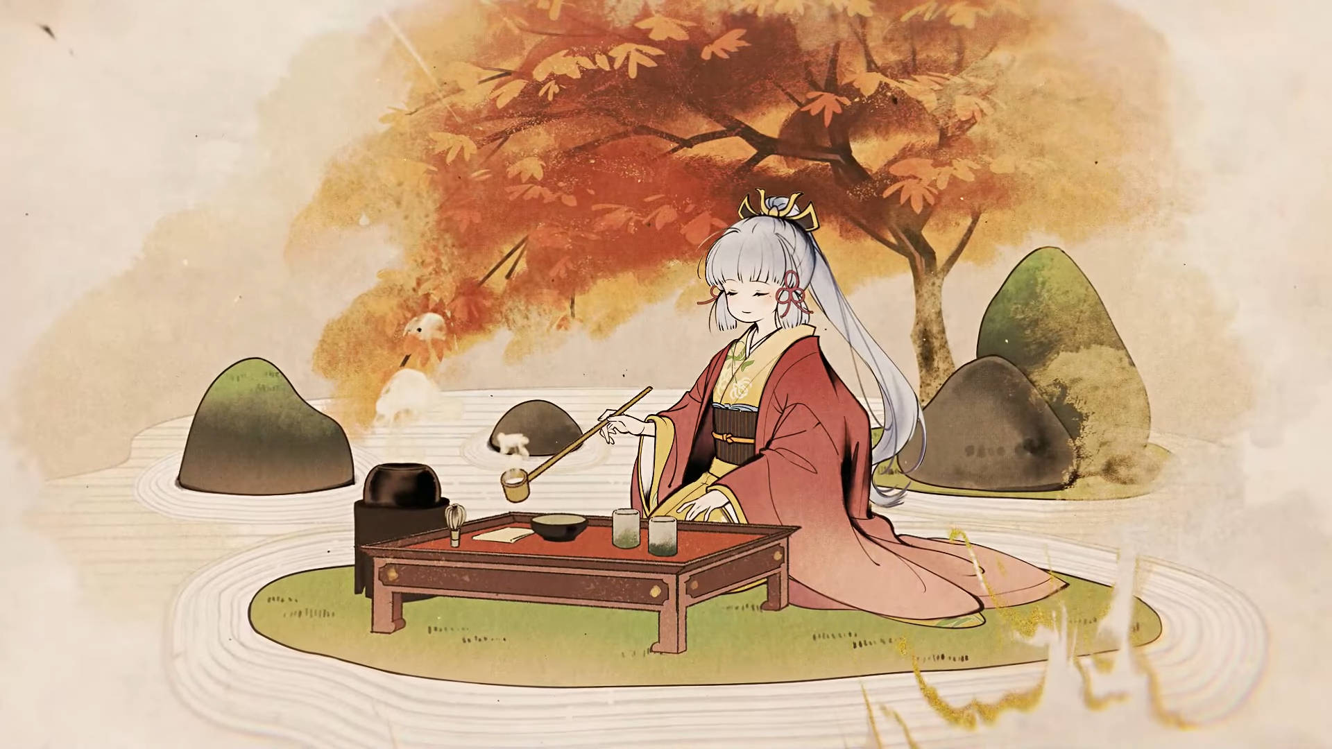 遊戲 桌布 壁紙 — 一位寧靜的動漫女孩穿著紅色和服，坐在池塘邊，在火紅的秋樹下，與一隻小狐狸同伴一起喝茶。