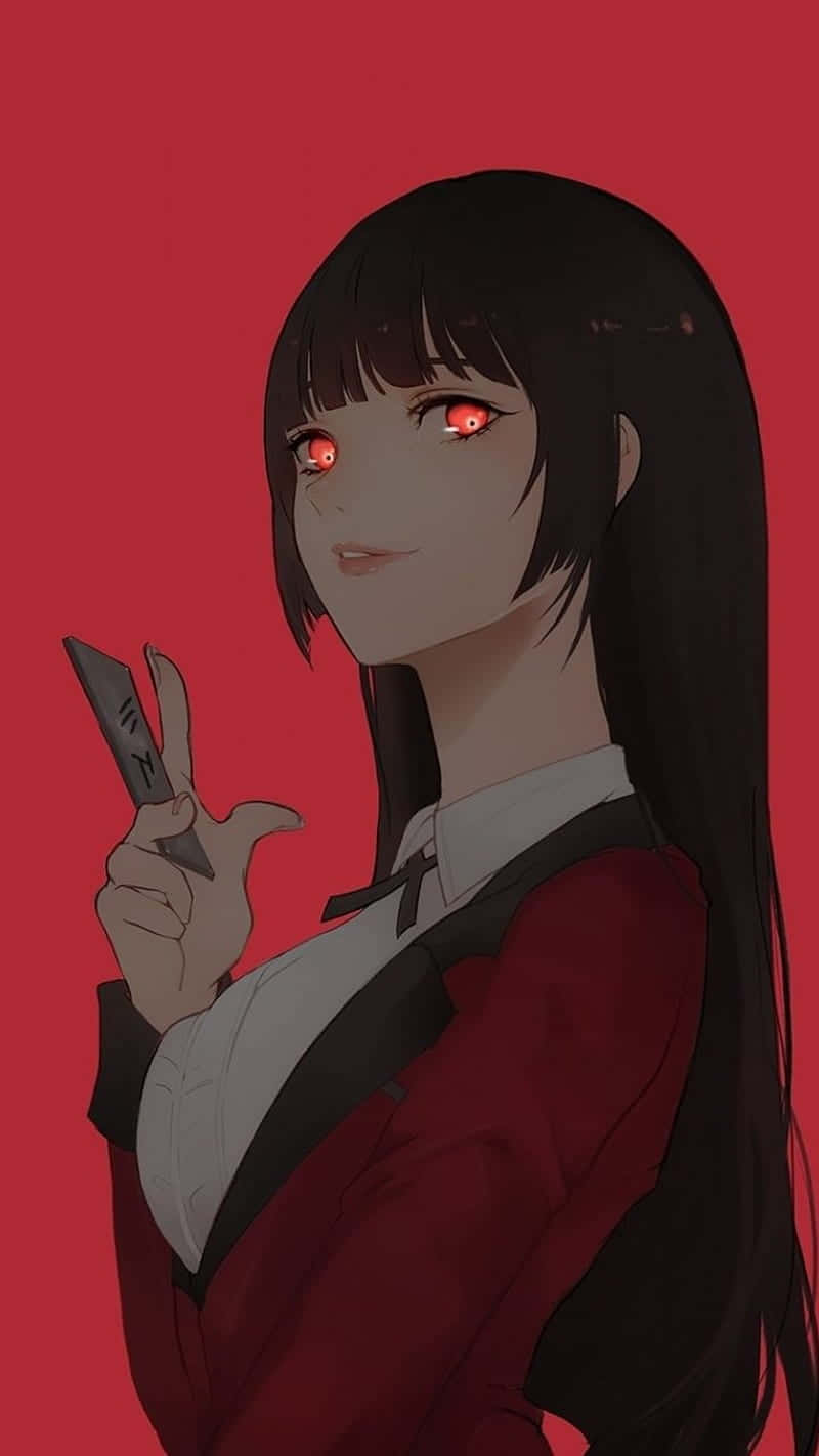 賭ケグルイ 單人肖像圖像 壁紙 — 動漫女孩，紅色發光眼睛，黑色頭髮，在純紅色背景前拿著刀。