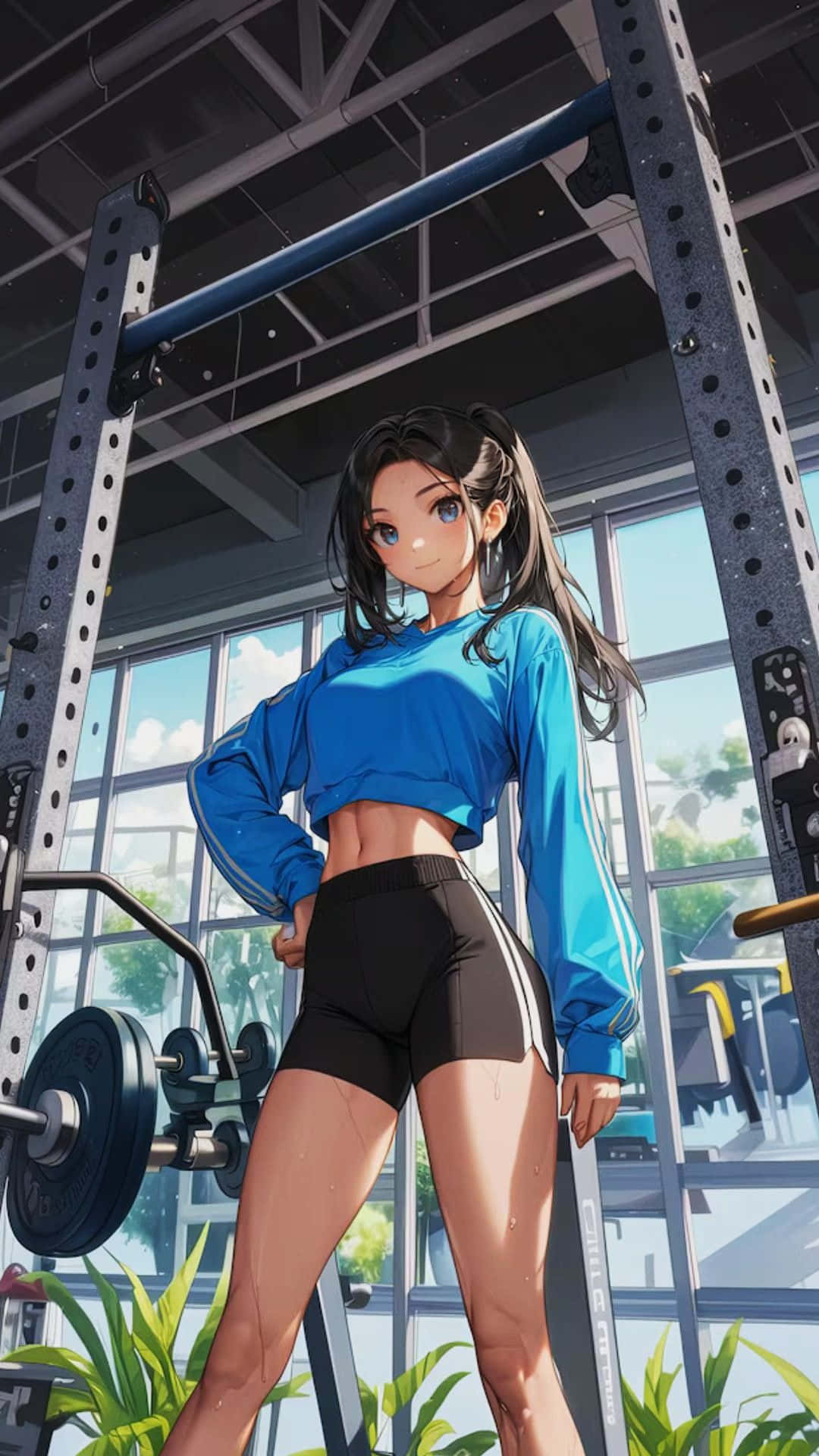  壁紙 — 動漫女孩身穿藍色露臍上衣和黑色短褲，自信地站在明亮的健身房中，旁邊有槓鈴和深蹲架。