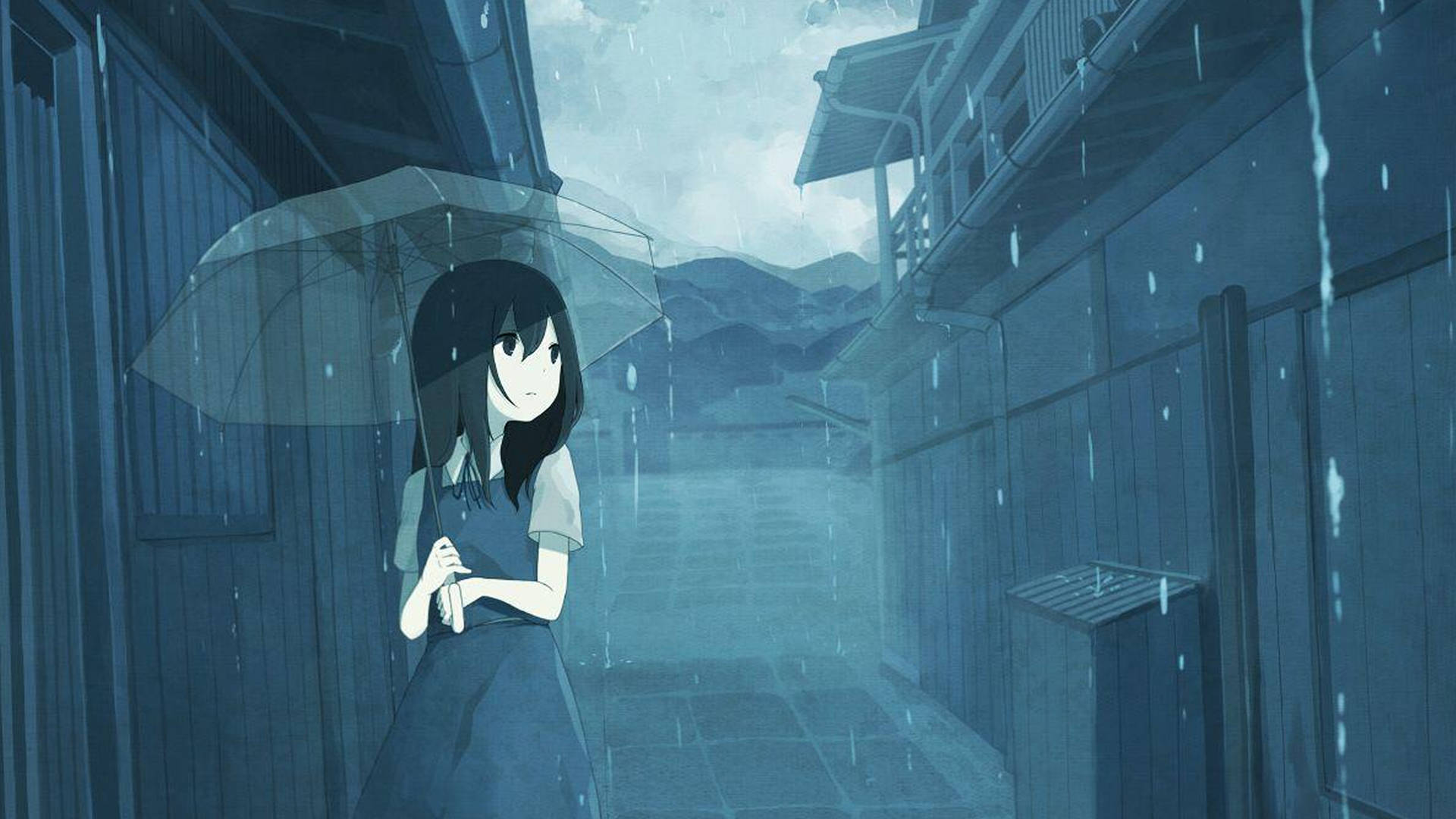 動漫女孩在木建築之間的雨巷中撐著透明雨傘。