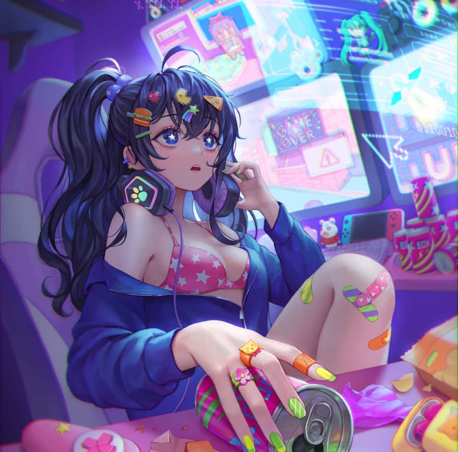  壁紙 — 一個充滿活力的動漫女孩，紮著雙馬尾，戴著色彩繽紛的飾物，坐在一個霓虹燈光閃爍的遊戲室裡，周圍是發光的屏幕和小吃。