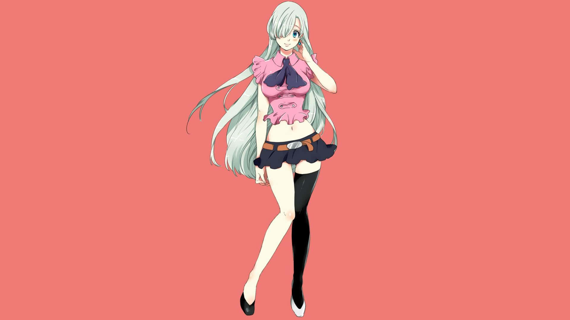 Seven Deadly Sins Elizabeth Liones 桌布 壁紙 — 動漫女孩，長銀髮，穿粉紅色上衣和黑色裙子，在純珊瑚色背景前擺姿勢。