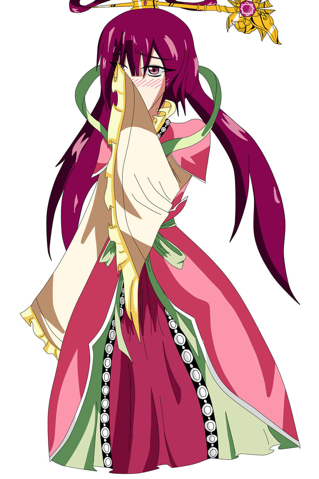 Kougyoku Ren 桌布 壁紙 — 動漫女孩，紫紅色頭髮，身穿傳統長袍，在白色背景前手持金色權杖。