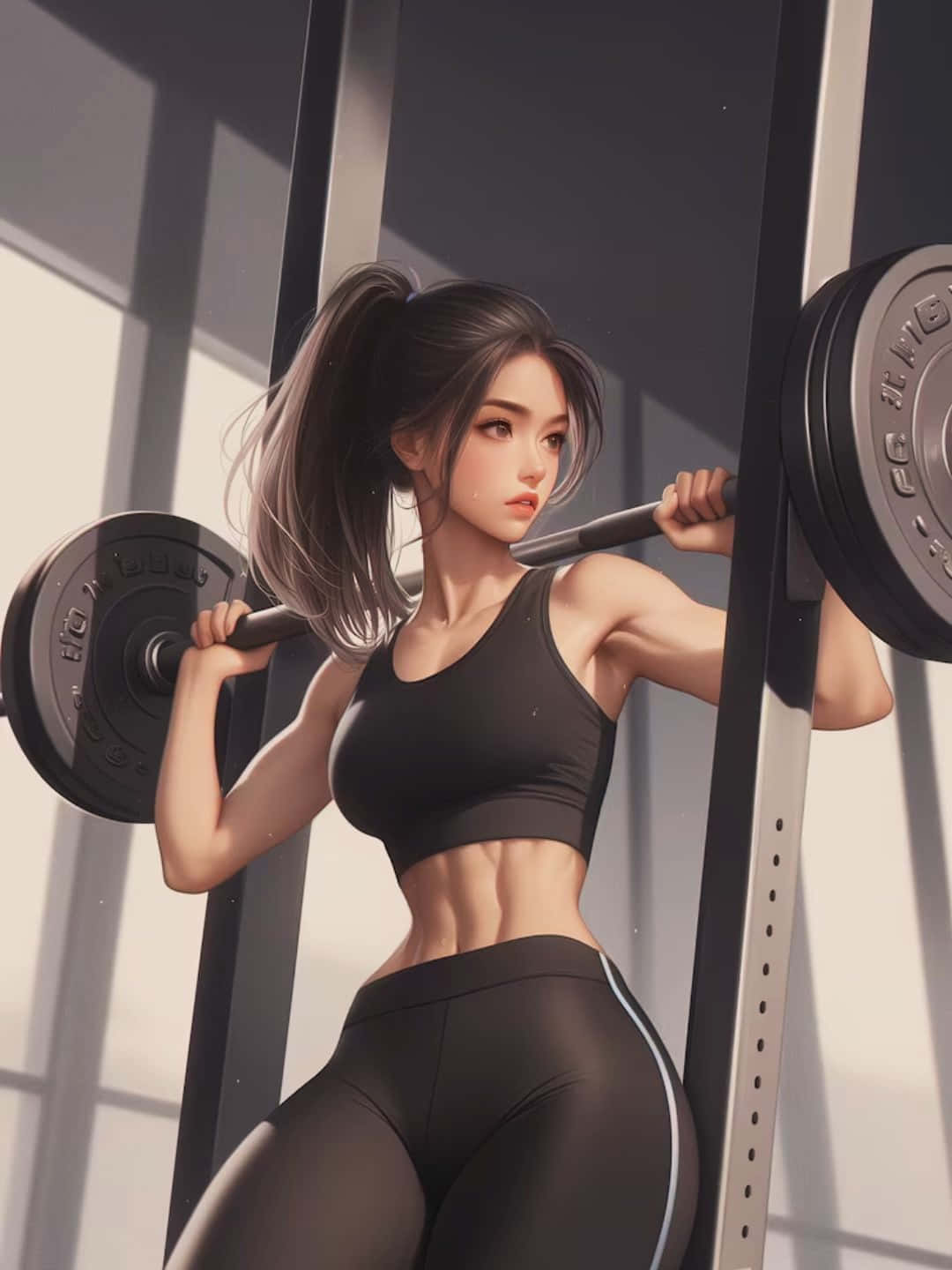  壁紙 — 一位決心堅定的動漫風格深色頭髮女性，在陽光普照的健身房中舉起槓鈴，鋼製架投下銳利陰影。