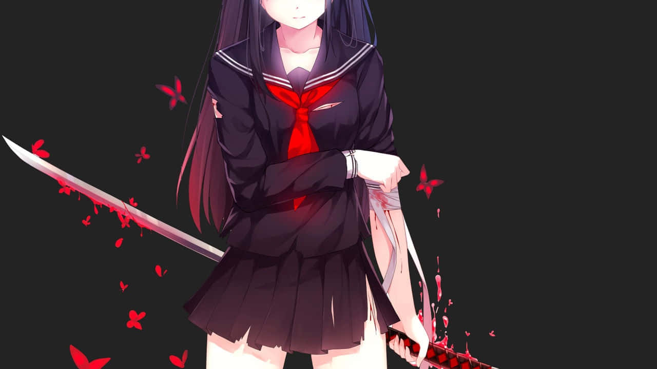  壁紙 — 動漫少女穿著水手服，手持沾血的武士刀，紅色蝴蝶在她周圍飛舞，背景黑暗。