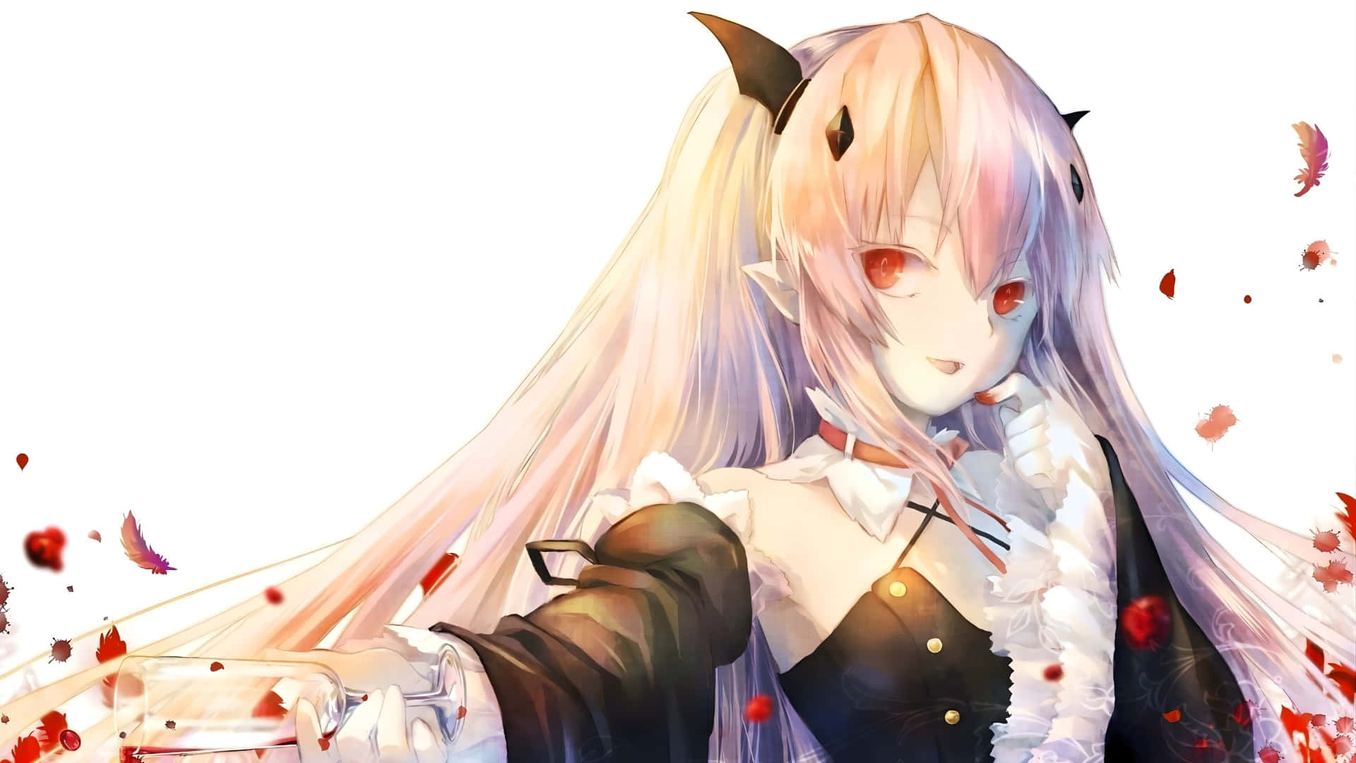  壁紙 — 動漫少女留著長長的粉彩頭髮和惡魔角，在白色背景下，紅色花瓣飄落，她手持玻璃杯。