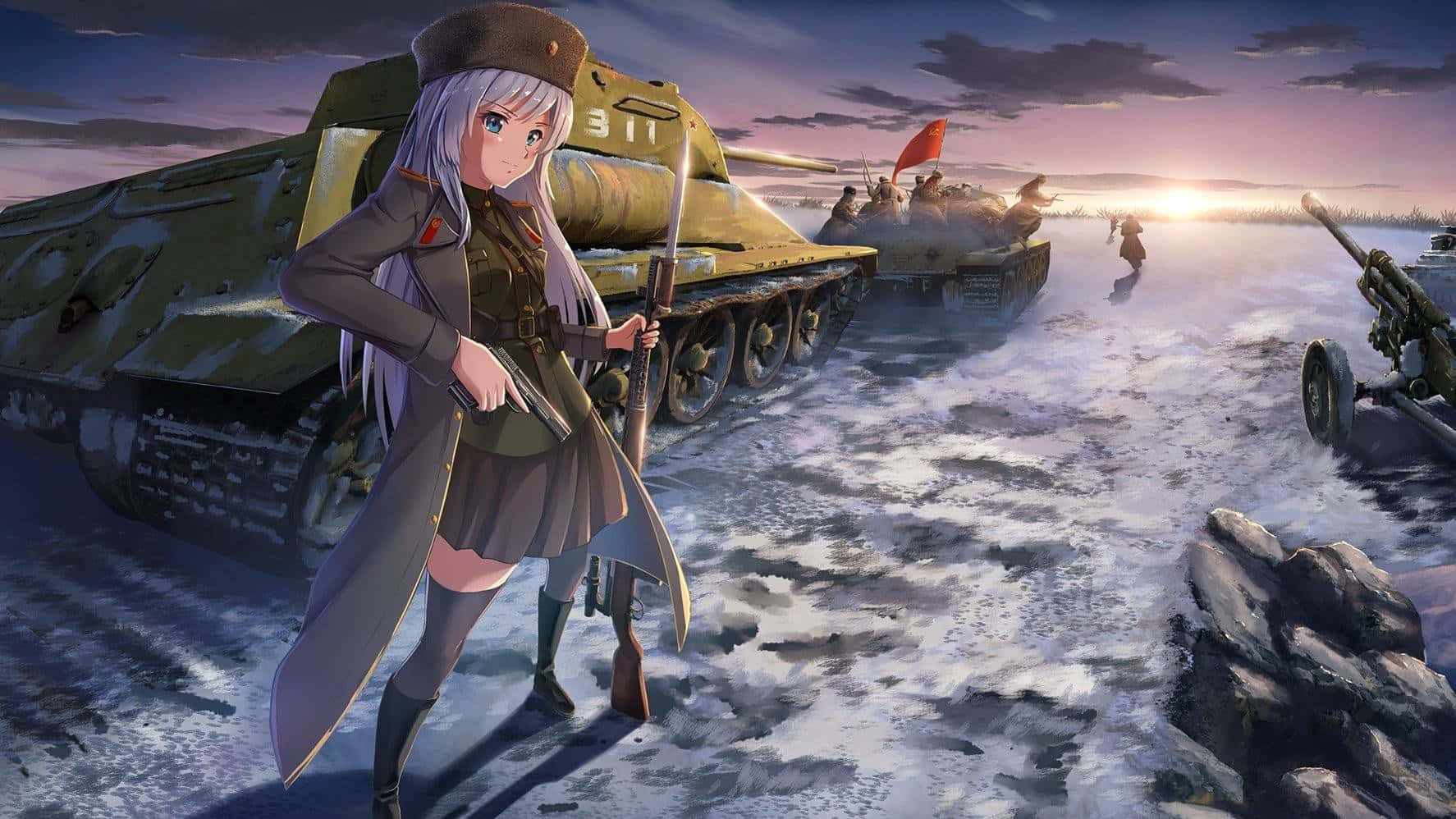  壁紙 — 動漫少女身穿軍服，在夕陽下的雪地戰場自信地站在坦克旁邊。