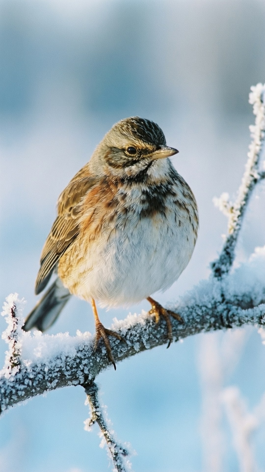 Winter Lark on Branch 壁紙 — 一隻棕色和白色的小鳥棲息在結霜的樹枝上，背景是柔和的藍色冬日。