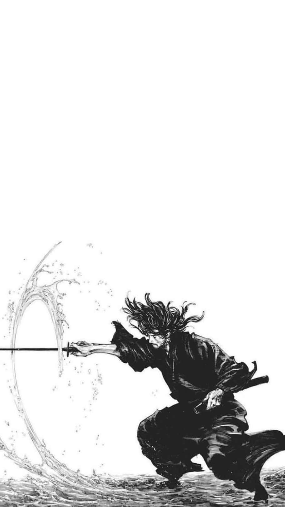  壁紙 — 一幅動態黑白插圖，描繪一位武士揮劍斬擊，在純白背景上激起旋轉的水花。