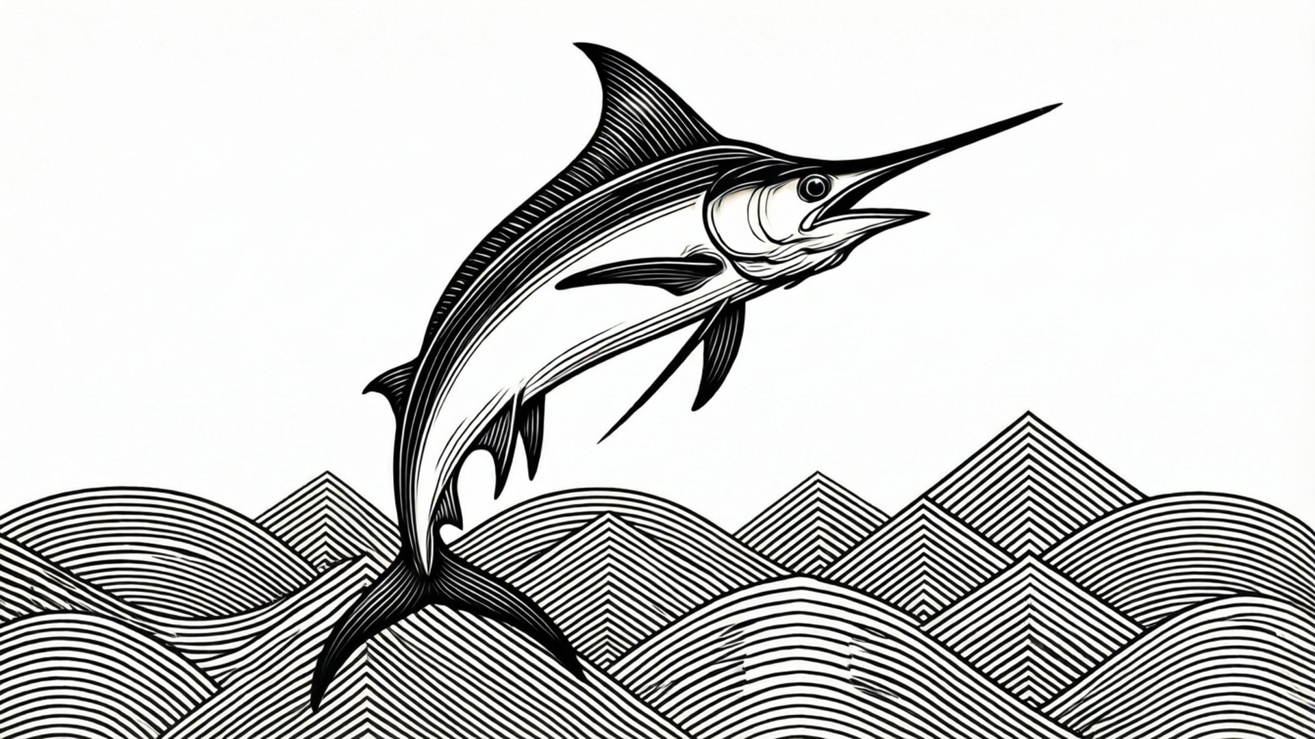 marlin 桌布 壁紙 — 一幅動態黑白線條藝術插圖，描繪一條馬林魚從風格化的海浪中躍出。