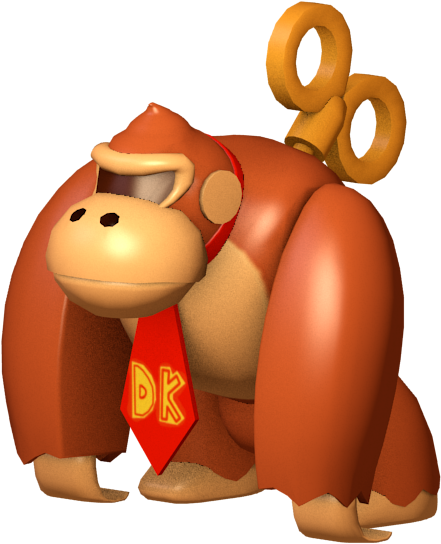 Donkey Kong 3D 模型 壁紙 — 一隻3D渲染的橙色猴子，戴著帶有DK字母的紅色領帶，在黑色背景前拿著金色剪刀。