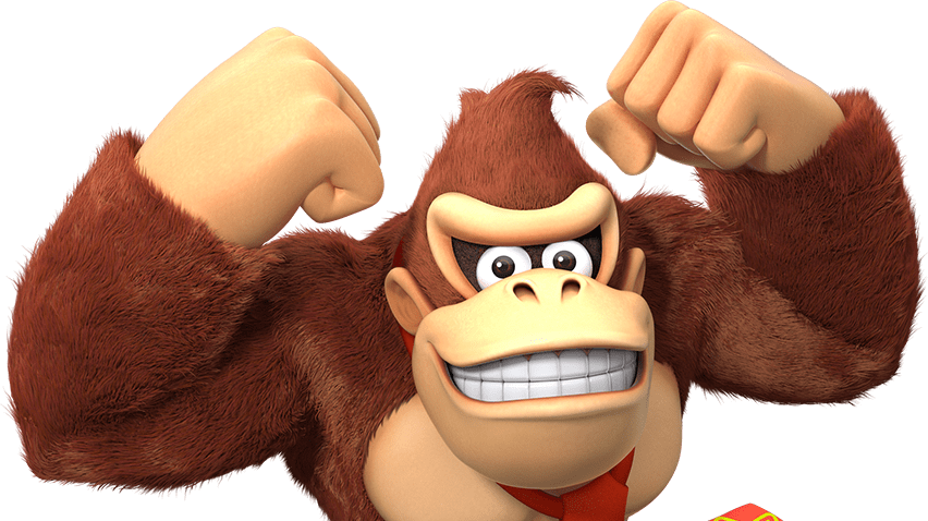Donkey Kong動畫角色姿勢 壁紙 — 一隻肌肉發達的卡通大猩猩在純綠色背景前彎曲雙臂，咧嘴大笑。