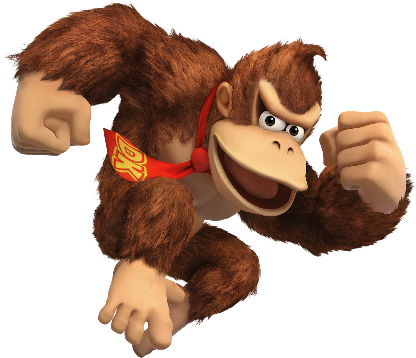 Donkey Kong動畫角色姿勢 壁紙 — 一隻快樂的動畫猴子，棕色毛髮，戴著紅色頭巾，在黑色背景前雙拳緊握。