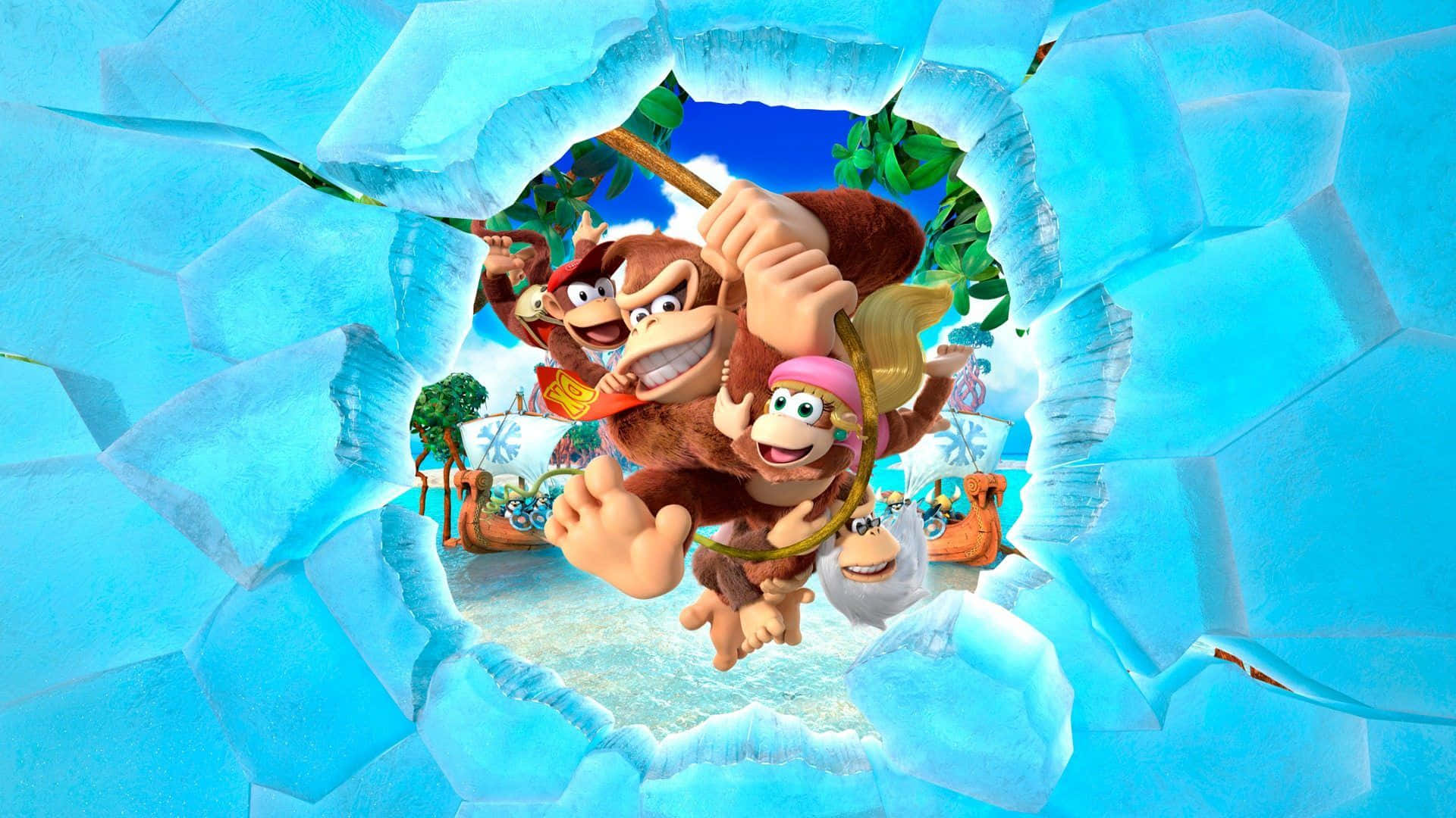 Diddy Kong 桌布 壁紙 — Donkey Kong 同朋友衝破一道裂開嘅冰牆，露出後面陽光普照嘅熱帶島嶼。